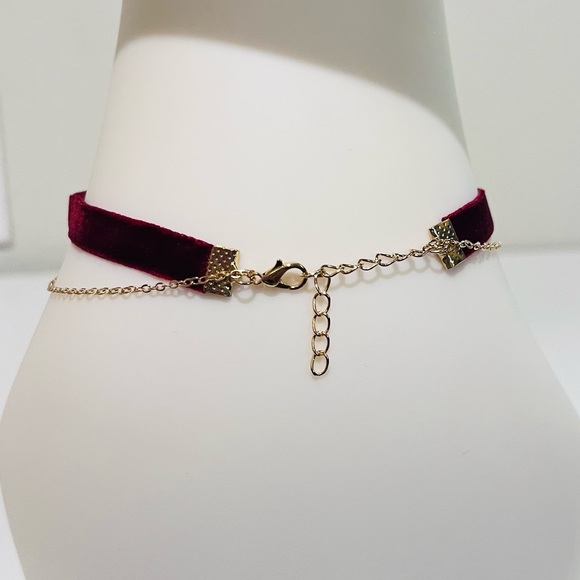 Red Velvet & Gold Beaded Drop Chain Dainty 2-In-1 Choker Necklace - Picture 3 of 4